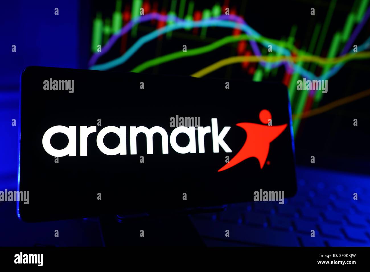 Aramark Global Food And Facilities Services Company fournissant des services de restauration et des solutions pour les lieux de travail – graphique de performance boursière avec données d'entreprise Banque D'Images