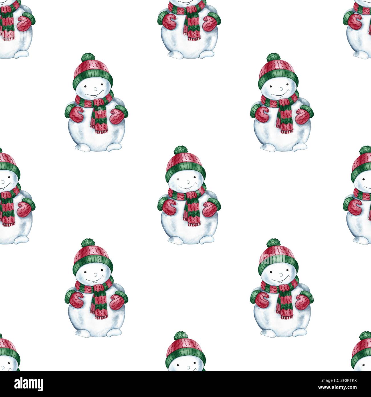 Motif sans couture de gentils bonhommes de neige. Illustration aquarellée dessinée à la main. Parfait pour les emballages de Noël, les impressions de vacances saisonnières, les textiles, le papier peint Banque D'Images