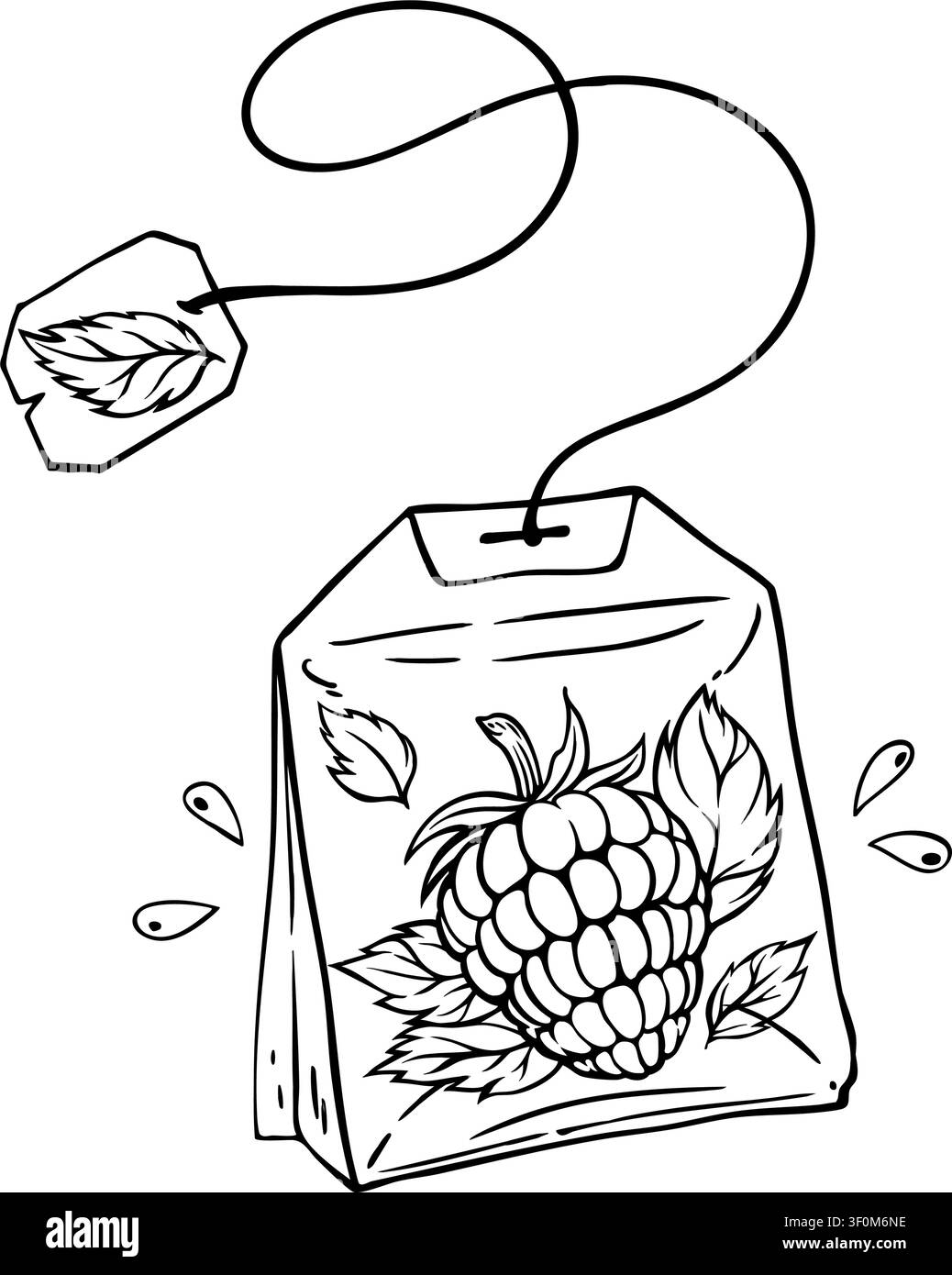 Illustration en noir et blanc d'un sachet de thé avec une étiquette et une ficelle. Le sac comporte une framboise détaillée avec des feuilles. L'étiquette a un motif feuille. Petit t Illustration de Vecteur