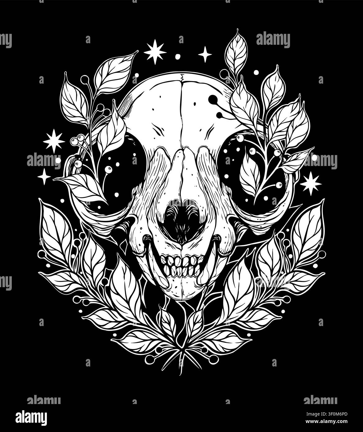 Illustration de tatouage symétrique noir et blanc d'un crâne encadré de feuilles, de baies et d'étoiles sur fond noir. Esthétique botanique et gothique Illustration de Vecteur