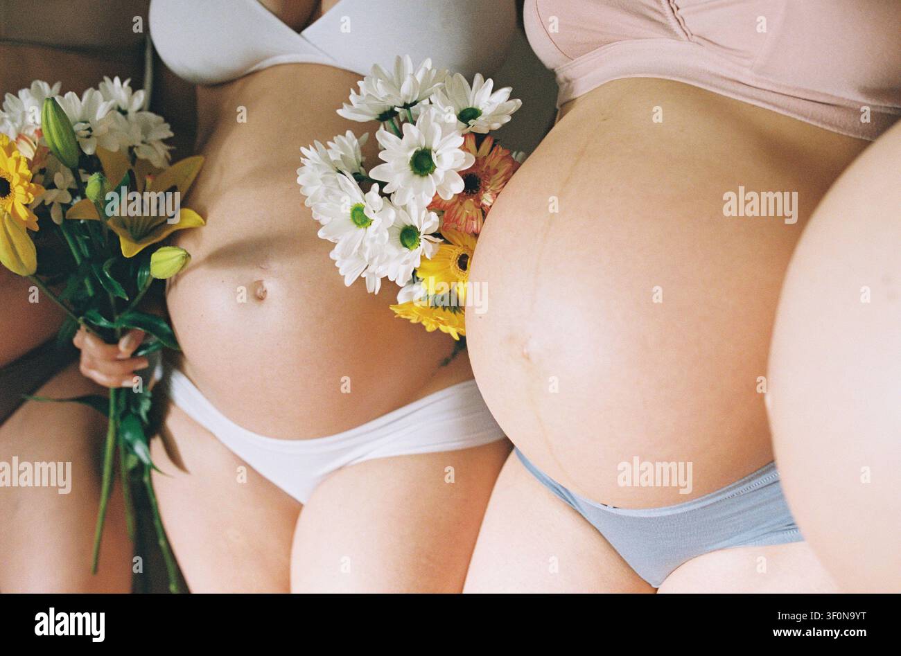 Groupe de femmes enceintes, photo analogique avec le ventre exposé, concept de maternité et de fertilité, non identifiables Banque D'Images