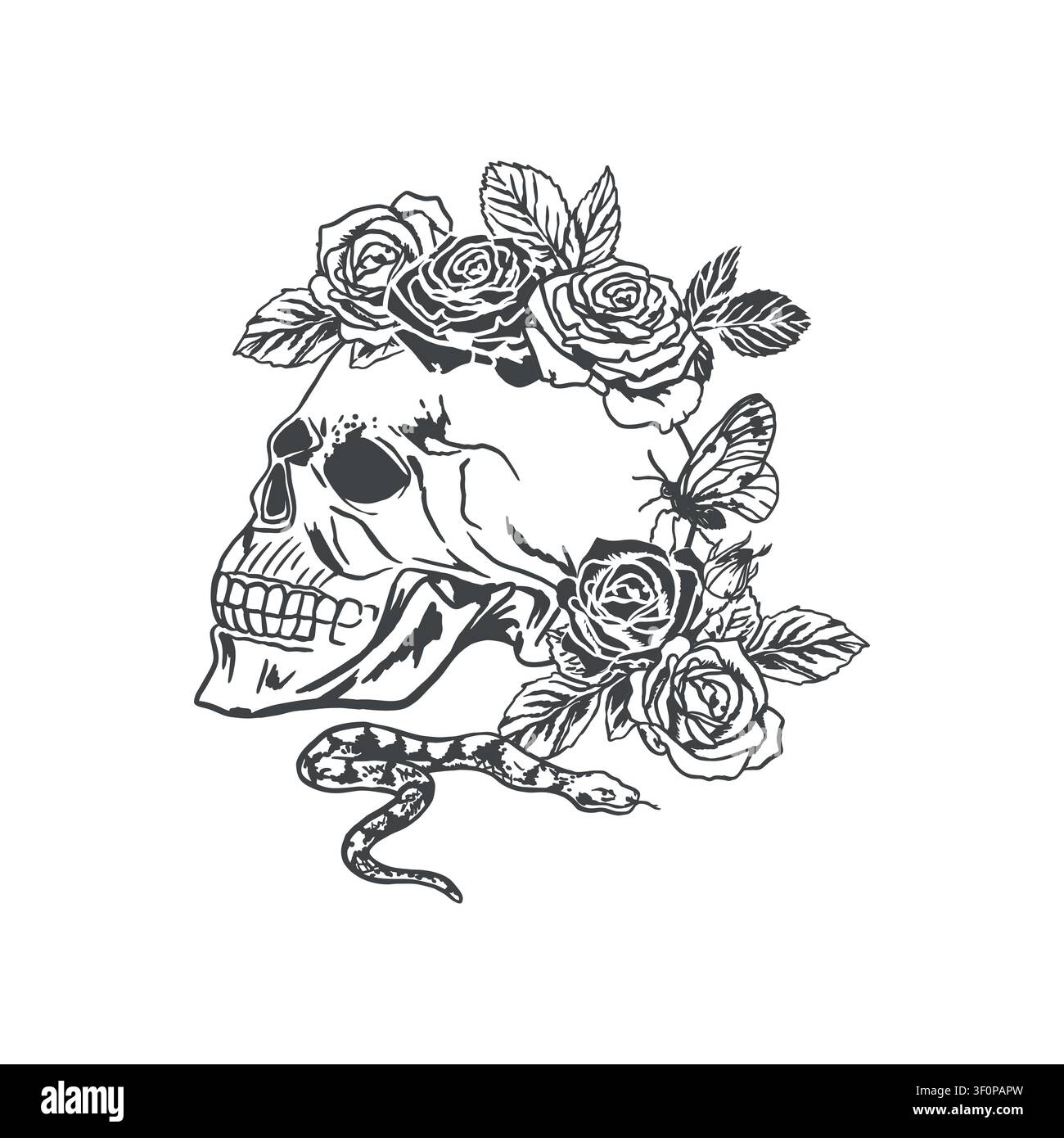 Crâne humain orné de roses et d'un serpent rampant. Illustration vectorielle dessinée à la main dans un style d'art linéaire. Clipart en encre noire pour cartes d'Halloween Illustration de Vecteur
