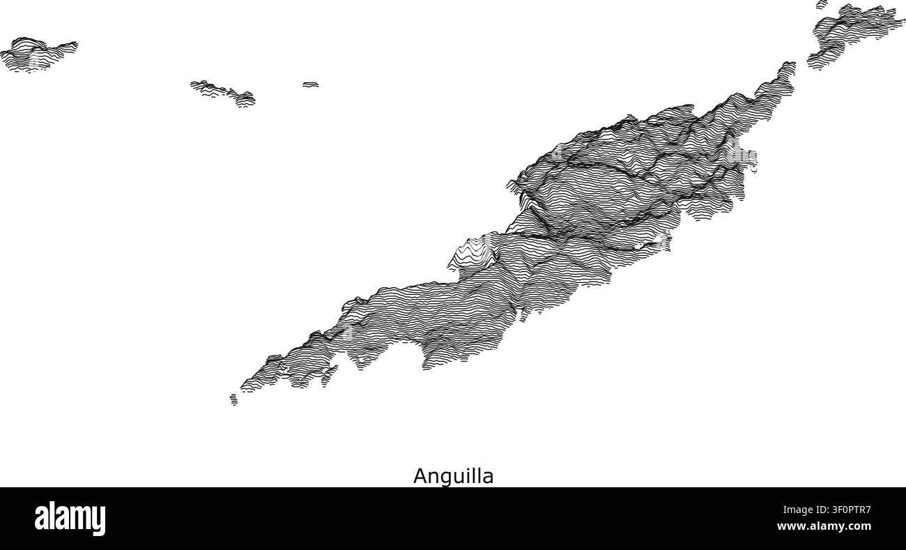 Carte topographique à contraste élevé de style joy-plot d'Anguilla, illustrant le profil allongé en calcaire de l'île et la géographie de la barrière de corail Illustration de Vecteur