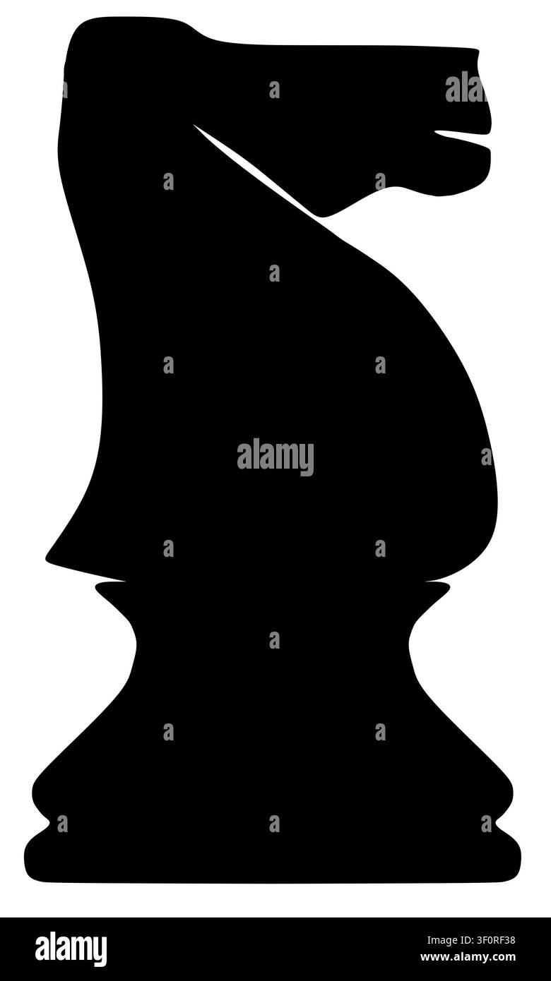 Silhouette en contraste élevé d'un cavalier d'échecs sur fond blanc. Banque D'Images