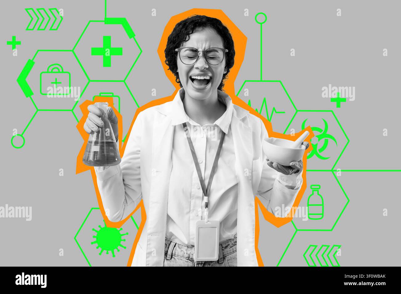 Sciente féminine excitée tenant une fiole et un mortier avec pilon, concept de recherche et développement médical, expérience de laboratoire Banque D'Images