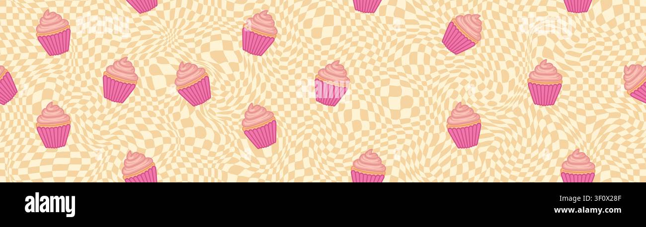 Cupcakes roses sur une grille d'échiquier jaune déformée avec un motif ondulé pour fond kawaii Illustration de Vecteur