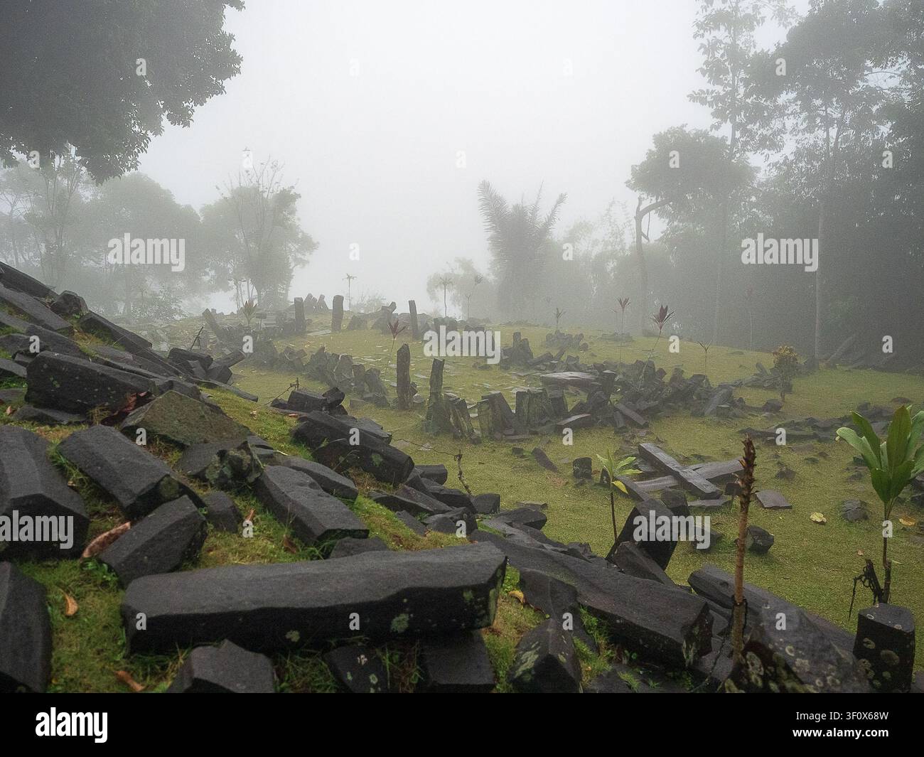 Roche volcanique à joints colonnaires dispersés sur le site mégalithique ancien de Gunung Padang, enveloppé dans une épaisse brume et un brou du soir, Cianjur, Java occidental Banque D'Images