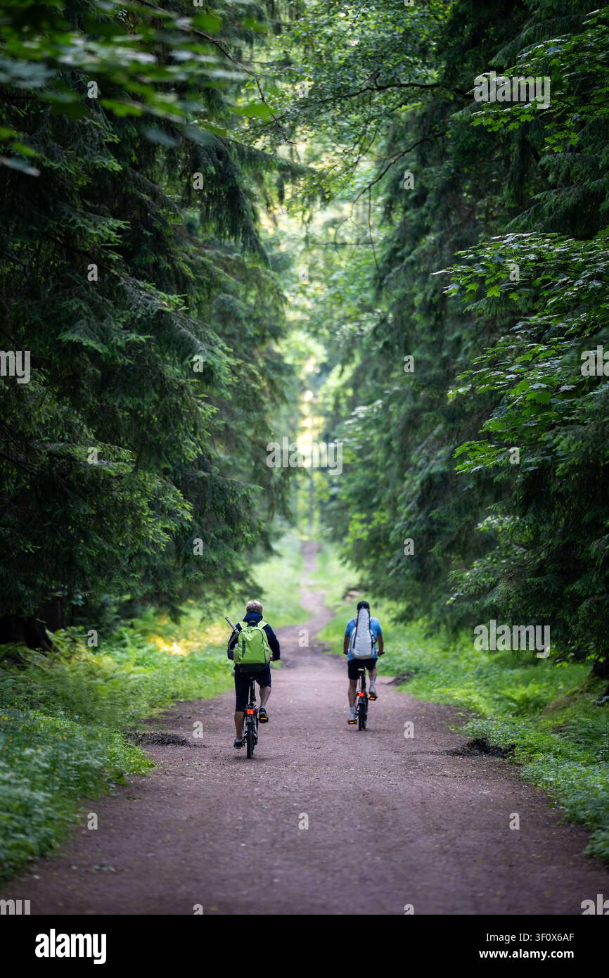 Hommes roulant le long d'une route de campagne en terre entourée de forêt sauvage, activité de loisir active en plein air. Banque D'Images