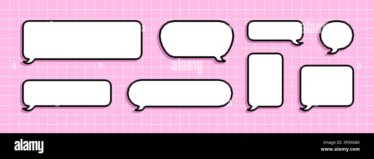Ensemble de bulles de bande dessinée vintage. Chat ou conversation avec cadre pixel numérique. Note carrée blanche pour message de salutation. Collection vectorielle sur fond à carreaux roses Illustration de Vecteur