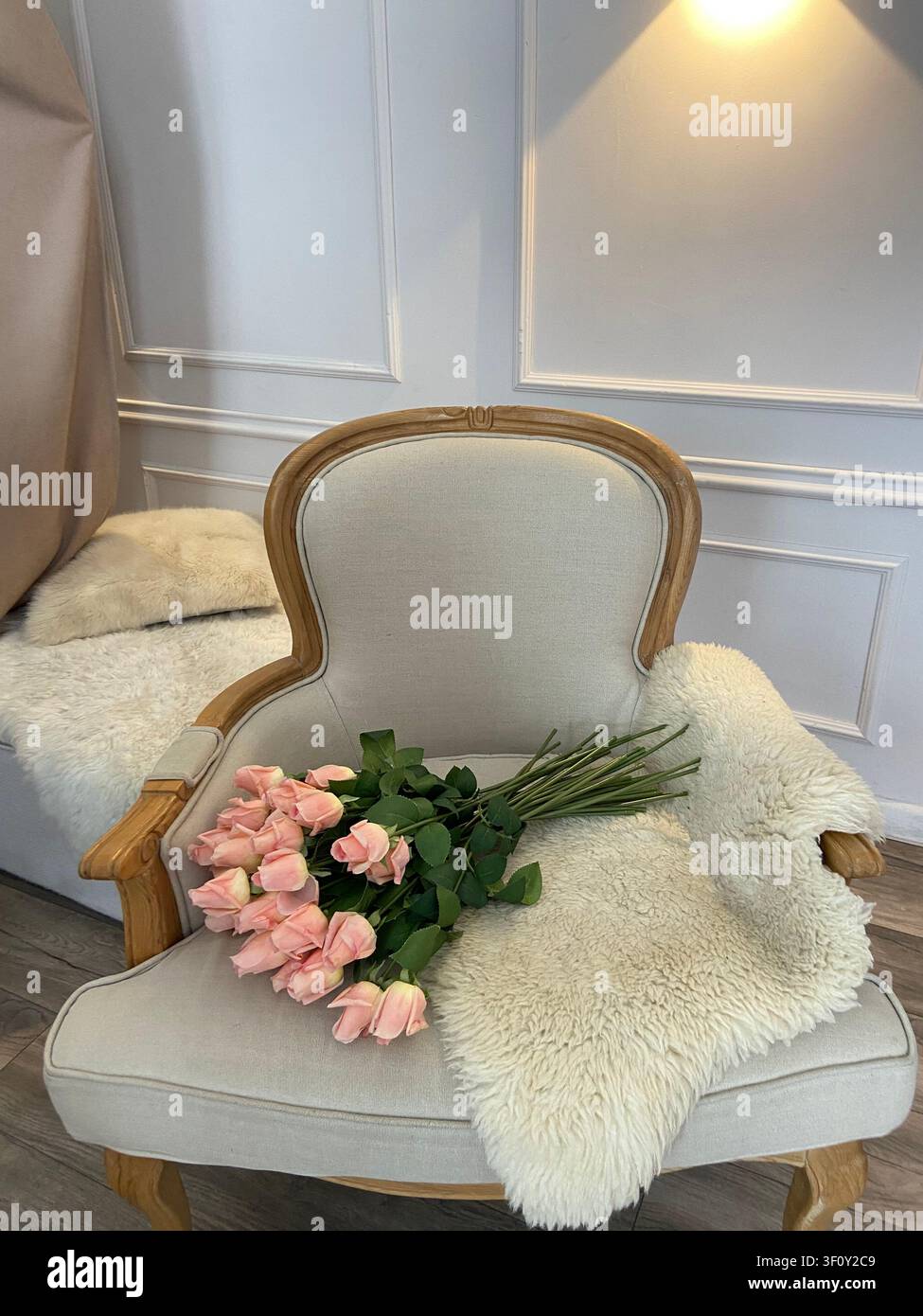 Fauteuil rembourré élégant décoré d'un bouquet de roses roses douces et d'une couverture en fourrure synthétique douillette dans un intérieur minimaliste lumineux avec un mur classique Banque D'Images