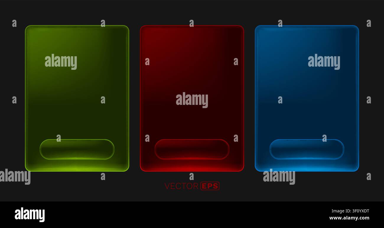 Ensemble d'éléments d'interface utilisateur modernes en verre avec des boutons en vert, rouge et bleu sur un fond sombre. Illustration vectorielle Illustration de Vecteur