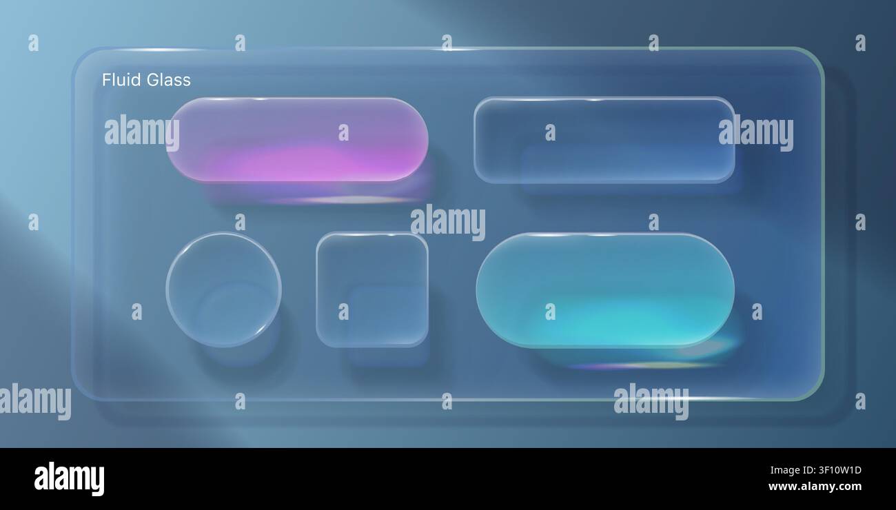 Boutons d'interface utilisateur en verre liquide transparent avec texture fluide, effet de flou, éléments de conception vectorielle 3D modernes sur fond. Icônes de cadre de glassmorphisme, barre de recherche pour l'interface futuriste de l'application et la conception Web Illustration de Vecteur