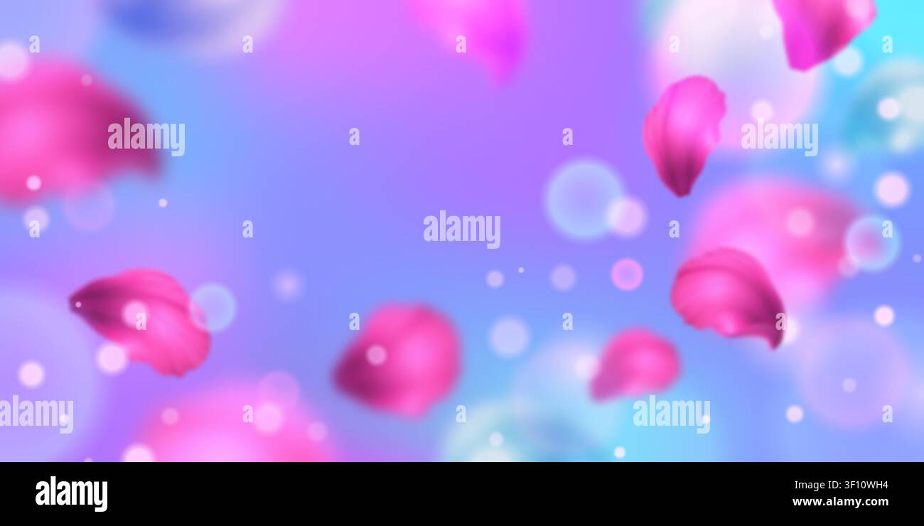 Conception de cadre de fleurs de sakura de printemps avec fond de ciel dégradé bleu doux, pétales de cerise rose floues volant dans l'air et effet bokeh. Bannière vectorielle réaliste, motif floral de rêve Illustration de Vecteur
