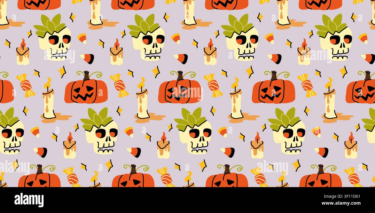 Motif vectoriel dessiné à la main avec crâne et citrouille effrayant pour un motif sans couture d'Halloween pour textile Illustration de Vecteur