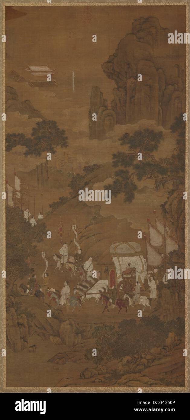 Illustration historique du duc Wen de Jin récupérant son État, créée durant la dynastie Ming au XVIe – XVIIe siècle. La peinture représente le légendaire dirigeant chinois duc Wen de Jin voyageant dans une procession cérémonielle à travers un paysage montagneux, illustrant un épisode célèbre de l'histoire ancienne chinoise. Banque D'Images