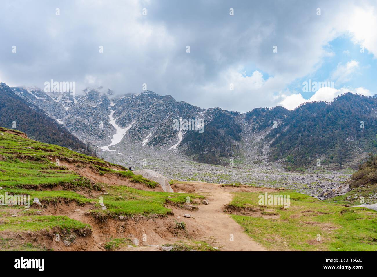 Un sentier de randonnée pittoresque serpente à travers des pentes herbeuses vertes vers des montagnes majestueuses aux sommets enneigés sous les nuages. Banque D'Images
