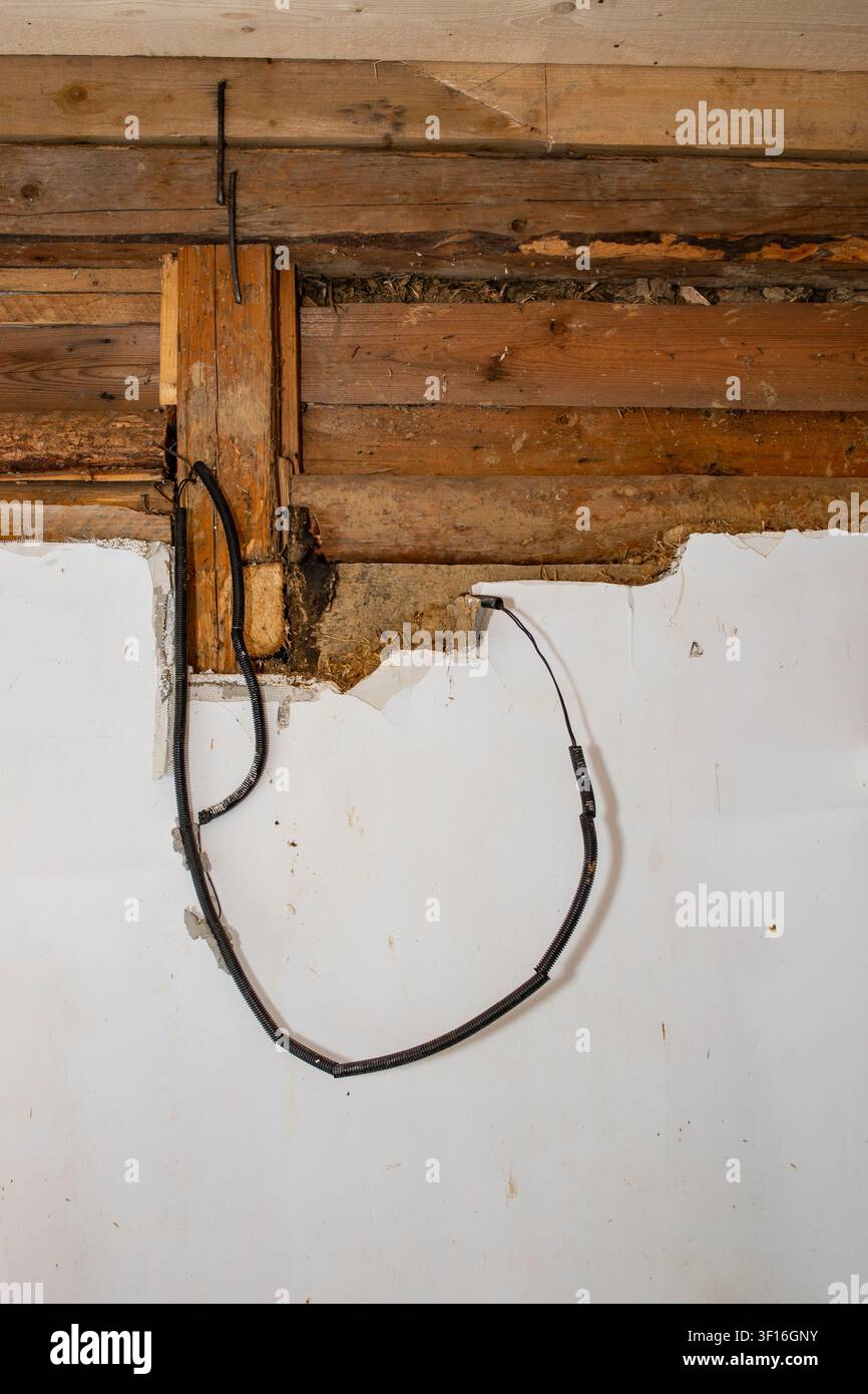 Câblage électrique exposé dans un conduit flexible suspendu à un vieux mur en rondins Banque D'Images