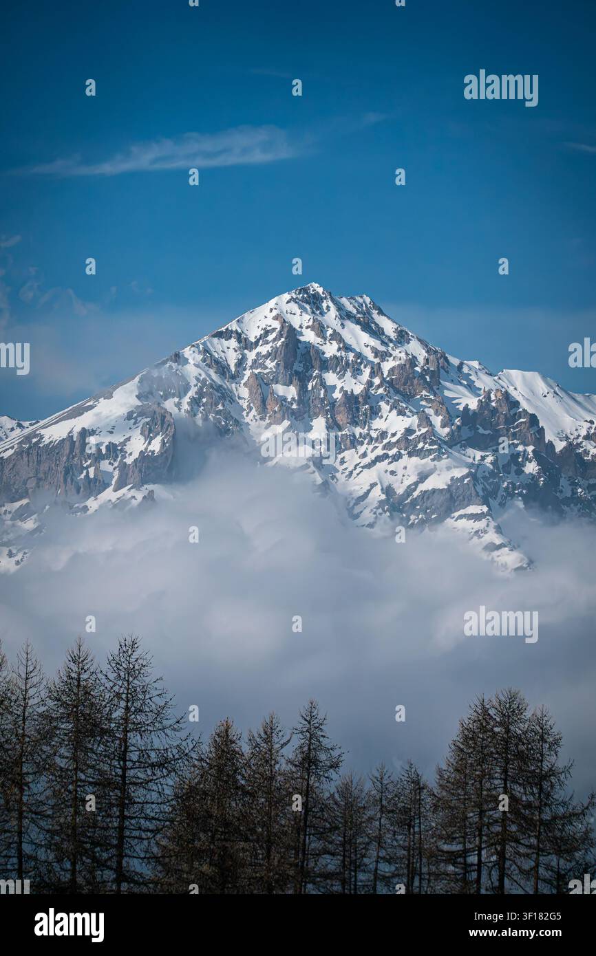 Sommet alpin s'élevant au-dessus des mélèzes dans la vallée de Suse, Piémont, Italie. Banque D'Images
