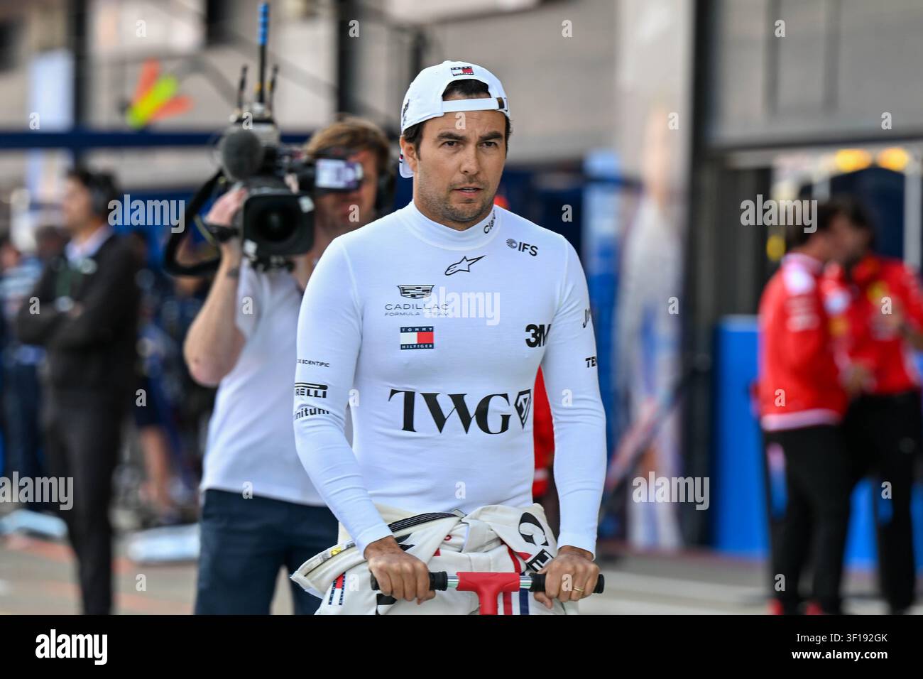Royaume-Uni, Silverstone, 2 juillet 2026, Sergio Perez, Cadillac, lors de la Journée médias de F1, Copyright Marco Talluto Banque D'Images