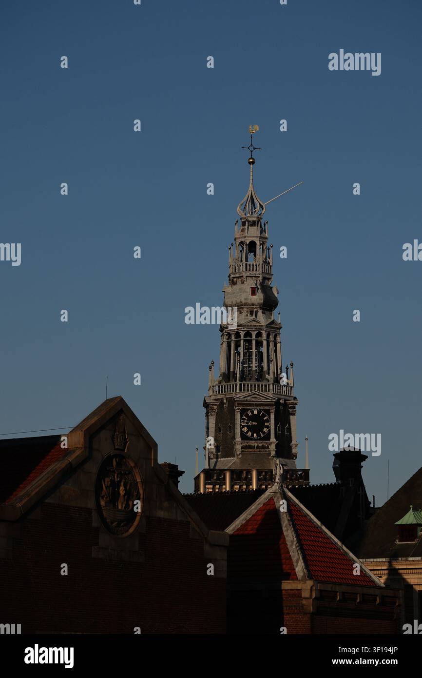 Une tour d'église historique s'élève au-dessus des toits d'Amsterdam contre un ciel bleu profond, encadrée par des pignons aux tuiles rouges et des ornements en pierre aux Pays-Bas. Banque D'Images