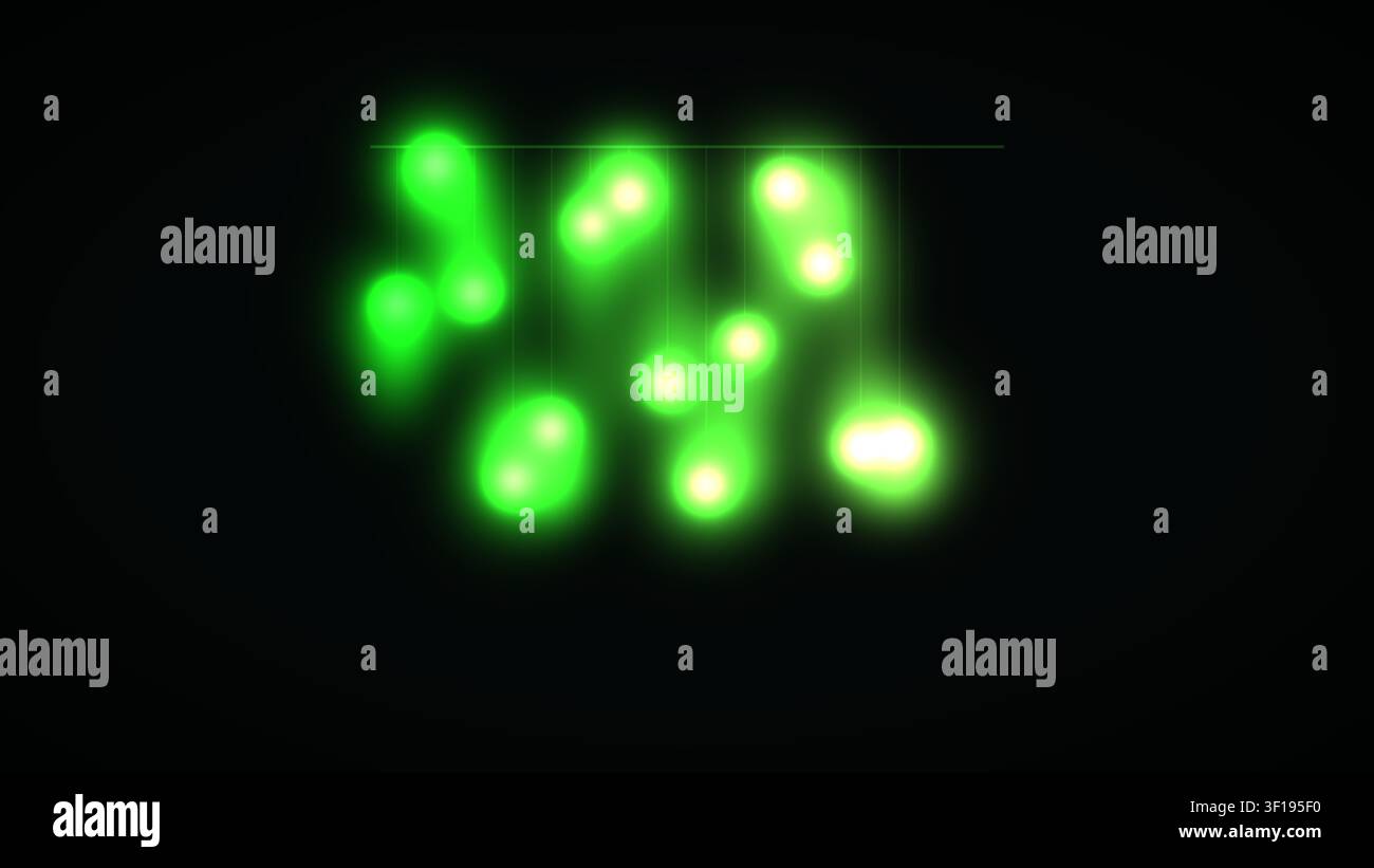La scène présente diverses formes vertes lumineuses sur un fond noir. Les formes varient en taille et en opacité, créant un effet visuel vibrant. Banque D'Images