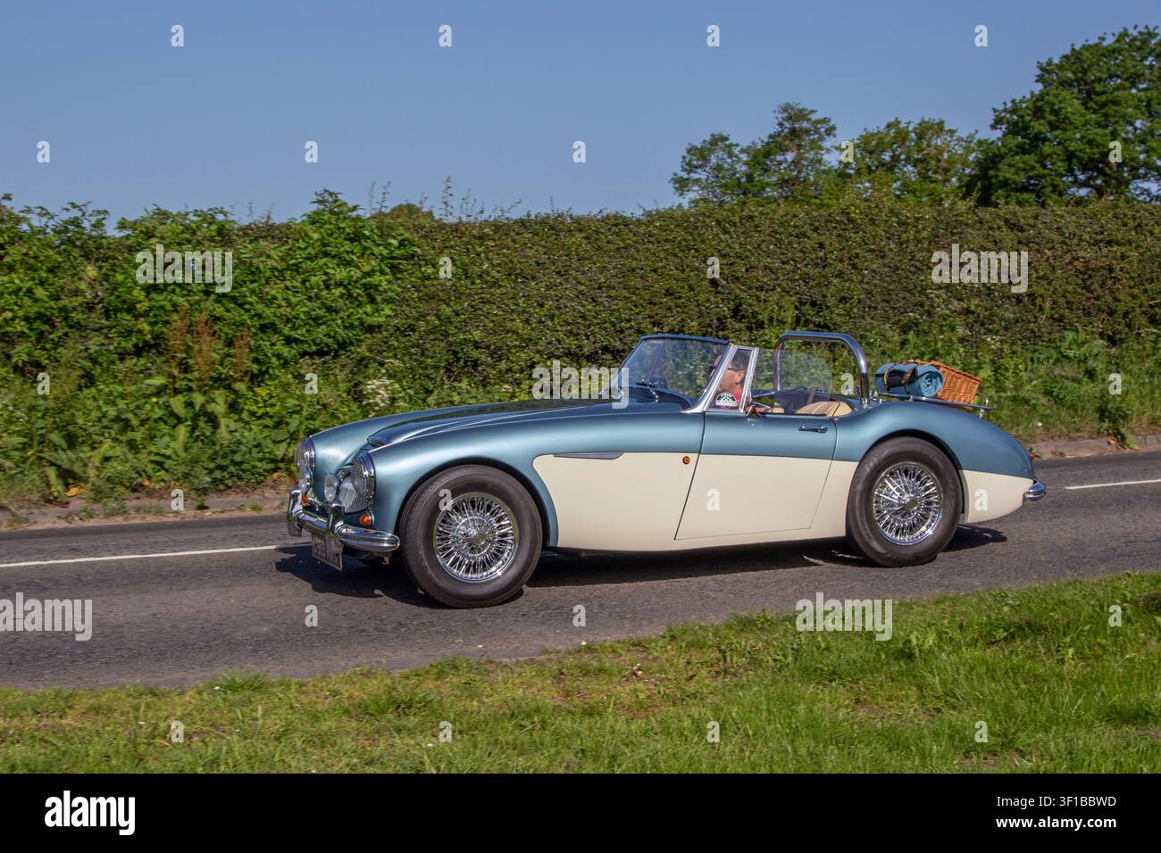 Austin Healey bleu et blanc des années 1960 de 1967, cabriolet essence de 3000 cc, en route vers le salon automobile classique de mai de Capesthorne Hall, Cheshire, Royaume-Uni Banque D'Images