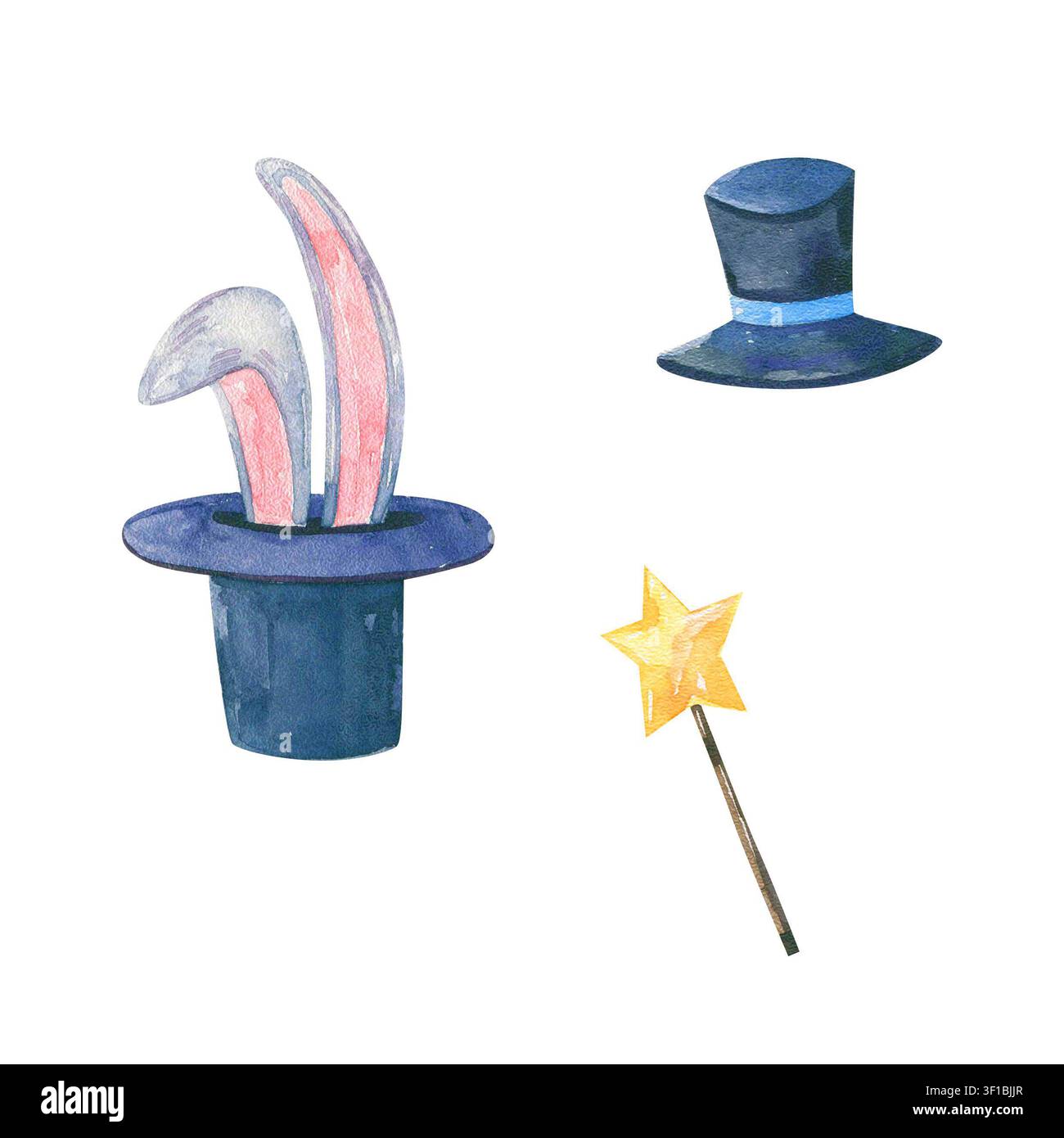 Éléments de clipart de magicien dessinés à la main à l'aquarelle professionnels comprenant un chapeau haut de forme, des oreilles de lapin et une baguette étoilée. Ressources de conception isolées pour cartes de vœux Banque D'Images