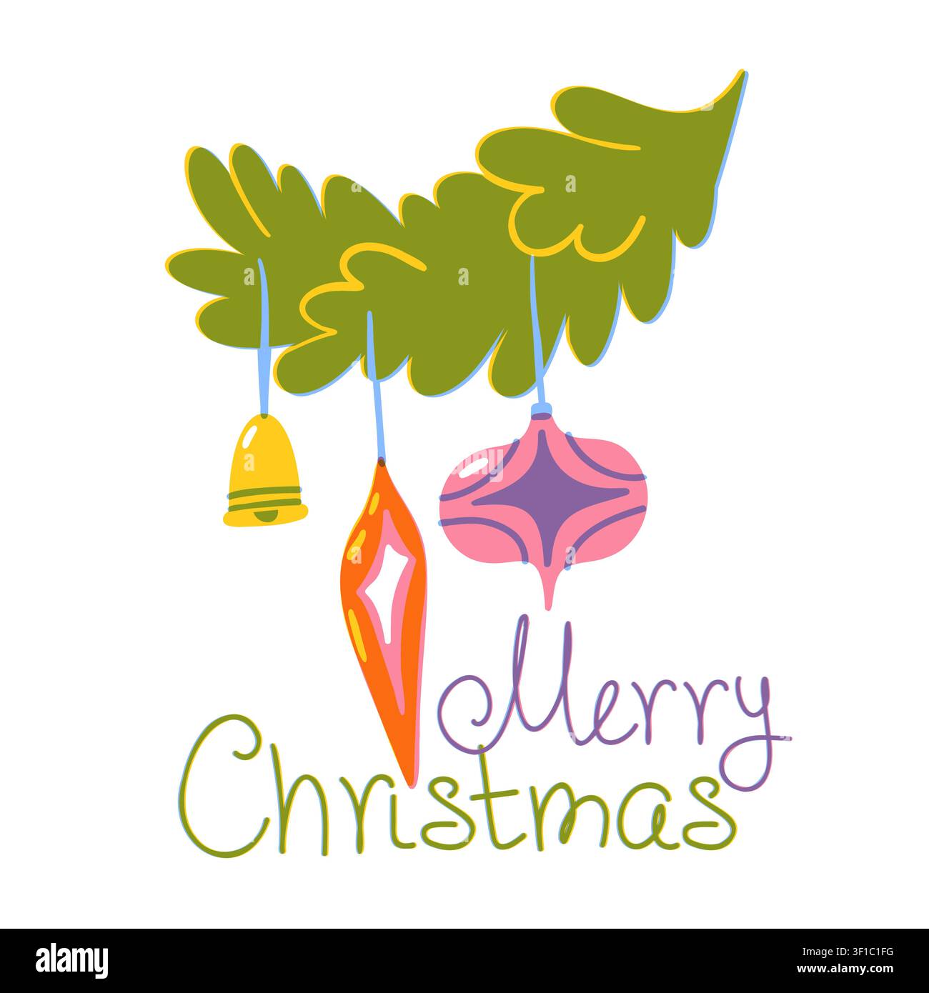 Typographie Risographie Joyeux Noël avec branche de sapin, ornement suspendu et cloche, illustration de vacances dessinée à la main pour carte de vœux, décoration saisonnière Illustration de Vecteur