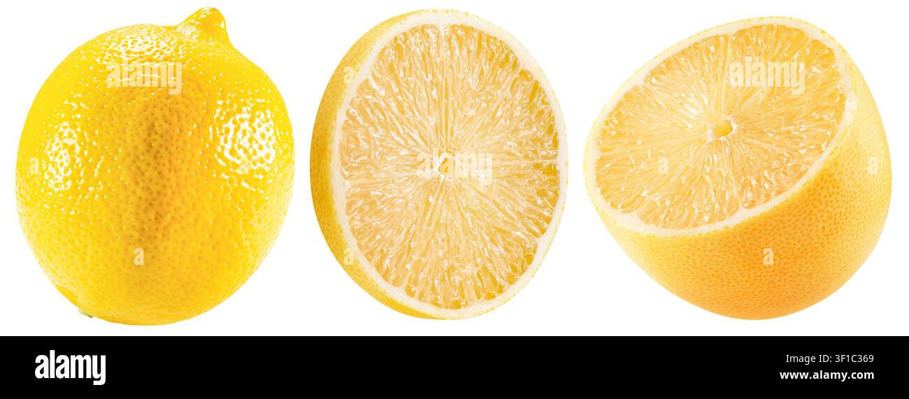 Trois vues de citrons jaunes frais, dont un fruit entier et deux tranches. Banque D'Images