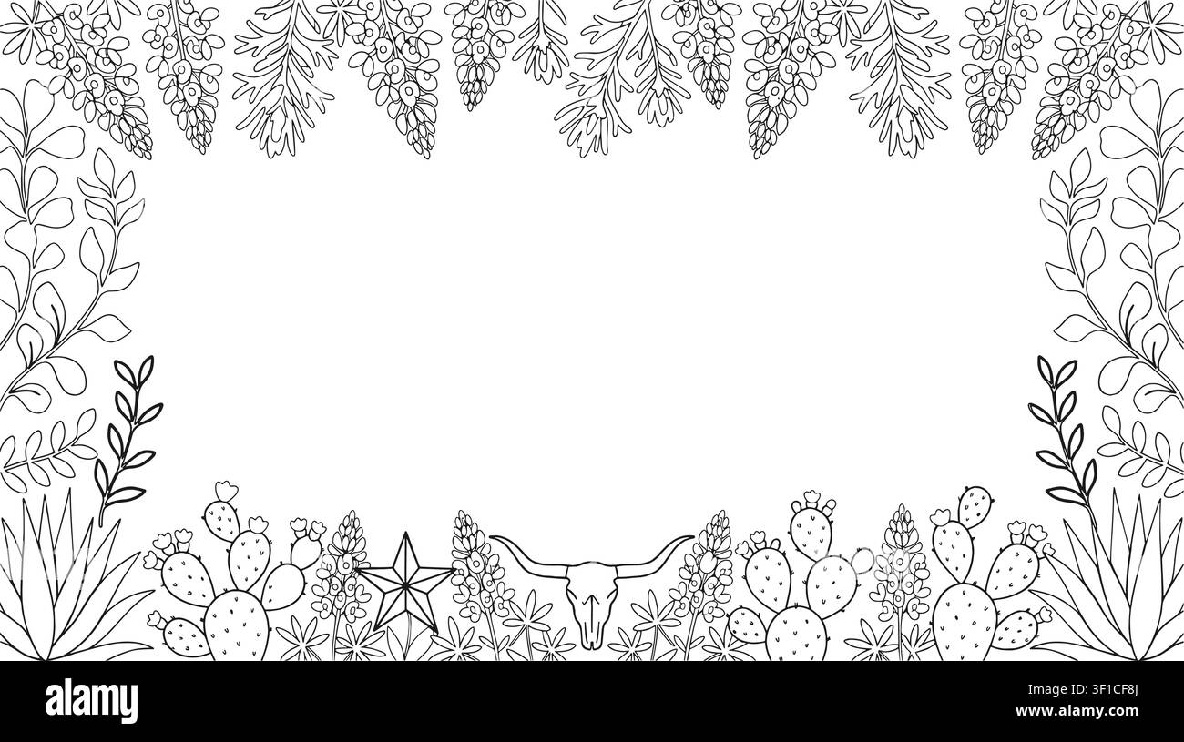 Bordure crâne de Longhorn du Texas du Sud-Ouest, cadre floral art ligne noir et blanc avec Bluebonnets et cactus, modèle vecteur de page à colorier Illustration de Vecteur