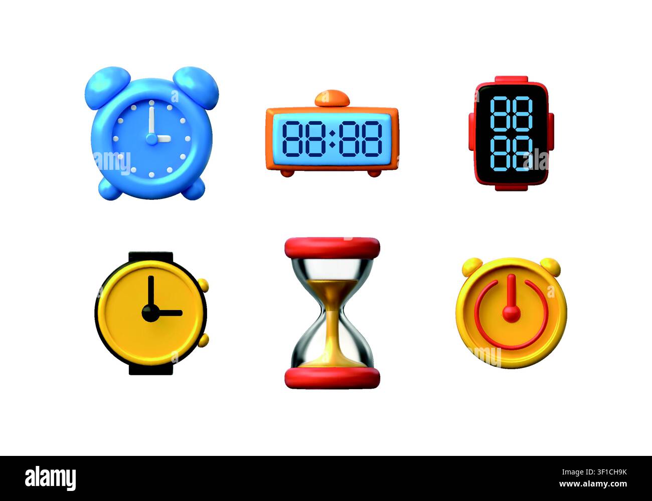 Icône d'horloge 3D. Montre de poche, sablier ou sablier comme chronomètre, compte à rebours d'heures. Mignon rappel numérique. Programme, échéance et symbole de compte à rebours, signe horaire coloré. Rendu de dessin animé vectoriel isolé Illustration de Vecteur