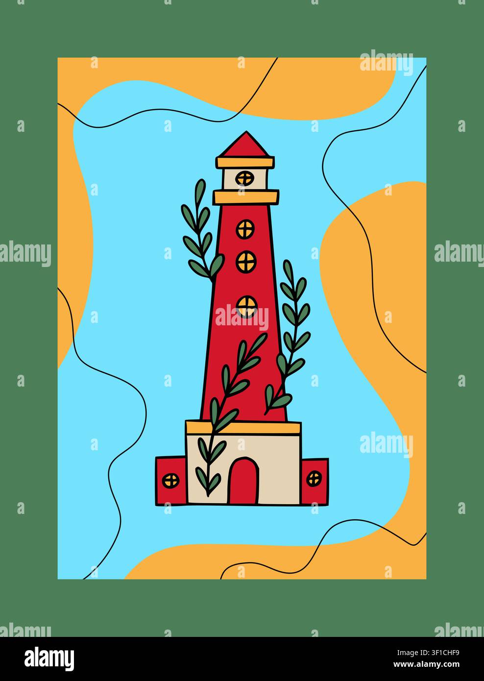 Affiche de phare rouge. Point de repère de navigation côtière minimal avec fenêtres et plantes sur fond abstrait, voyage maritime. Symbole océanique au bord de la mer. Illustration plate de style cartoon vectoriel isolée et enfantine Illustration de Vecteur