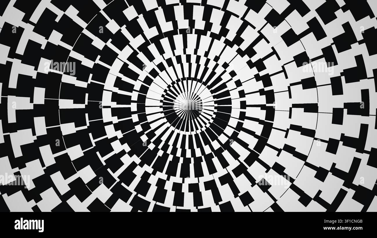Cette œuvre d'art présente un motif géométrique noir et blanc arrangé en forme de spirale, mettant en valeur une série de carrés et de lignes alternés. Le design Banque D'Images