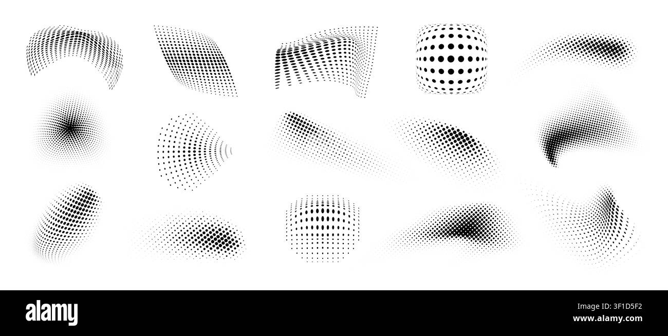 Motifs abstraits en points demi-ton avec ondes de points optiques déformées, formes géométriques d'illusion 3D et éléments vectoriels futuristes monochromes isolés sur blanc. Illustration de Vecteur