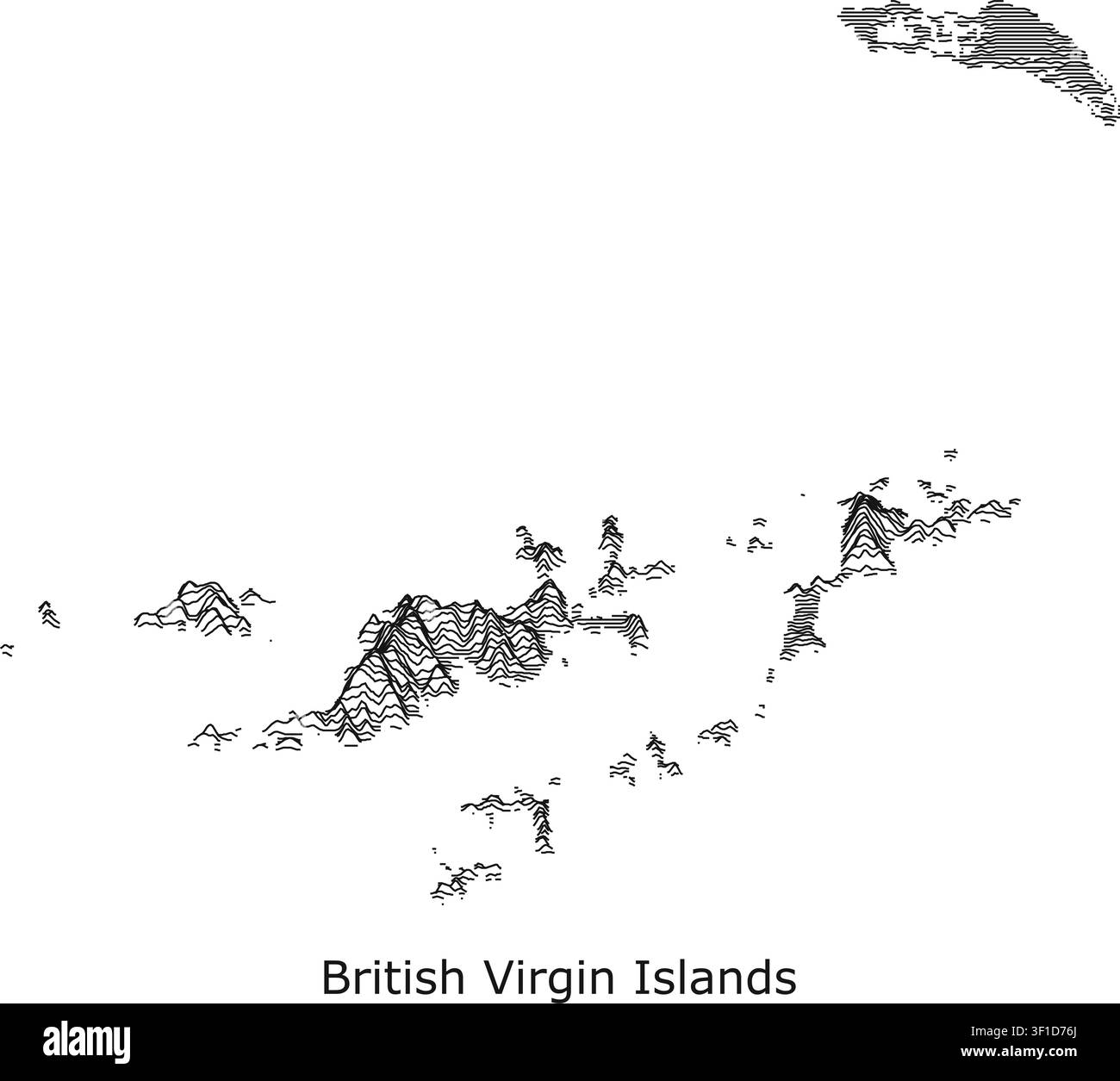 Carte topographique à contraste élevé de style joy-plot des îles Vierges britanniques, mettant en évidence les pics volcaniques des îles principales Illustration de Vecteur