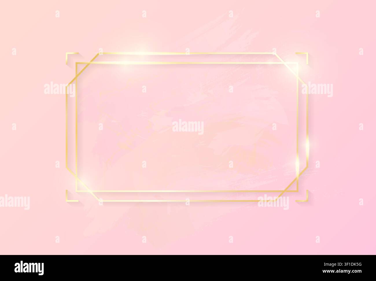 Cadre rectangulaire artistique doré brillant avec des coups de pinceau pastel rose isolés sur fond rose. Bordure de ligne luxueuse dorée pour invitation, carte, sal Illustration de Vecteur