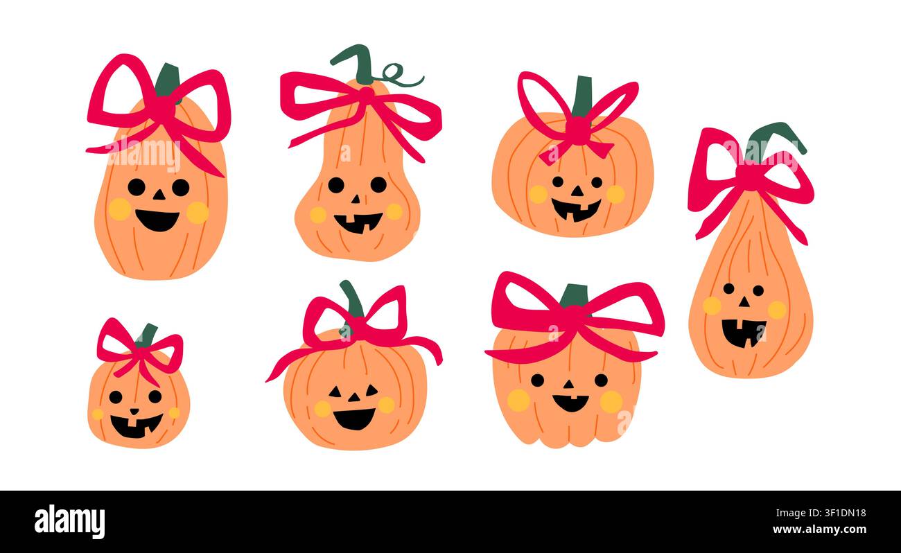 Joli set de clipart de citrouilles d'Halloween avec des citrouilles orange décorées de nœuds rose vif sur fond blanc, collection d'illustrations ludiques pour enfants pour autocollants, décoration de chambre d'enfant, cartes de vœux, livres d'images, scrapbooking, activités en classe et projets de design saisonniers pour enfants Illustration de Vecteur