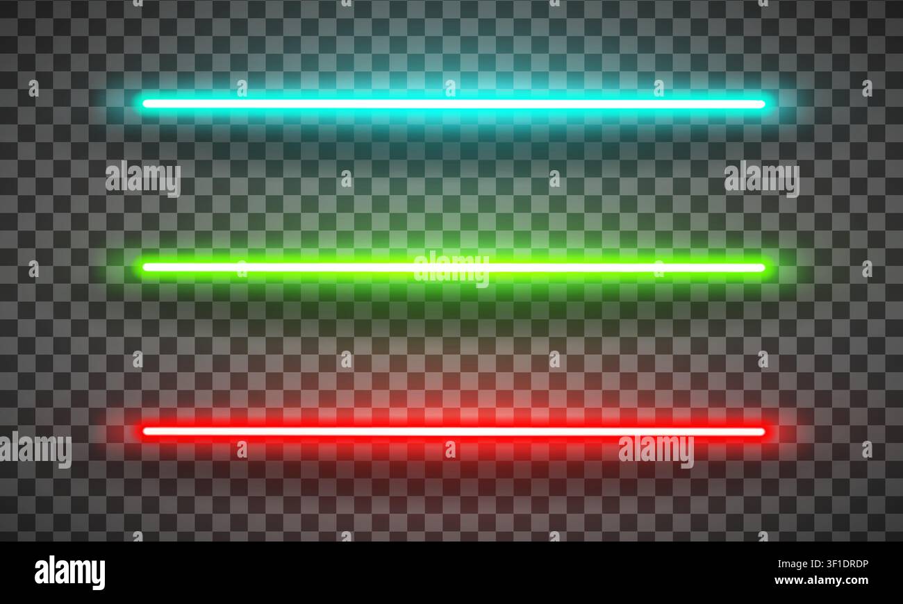 Pack de lumière néon LED réaliste isolé sur fond transparent. Lumière cyan, verte et rouge. Illustration vectorielle Illustration de Vecteur