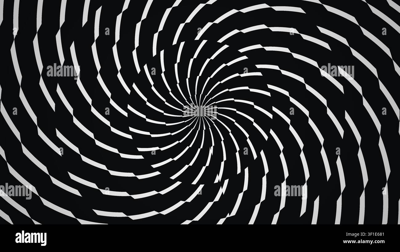 Le design présente un motif en spirale noir et blanc composé de formes alternées. Le contraste attire l'attention sur la géométrie complexe de la spirale Banque D'Images