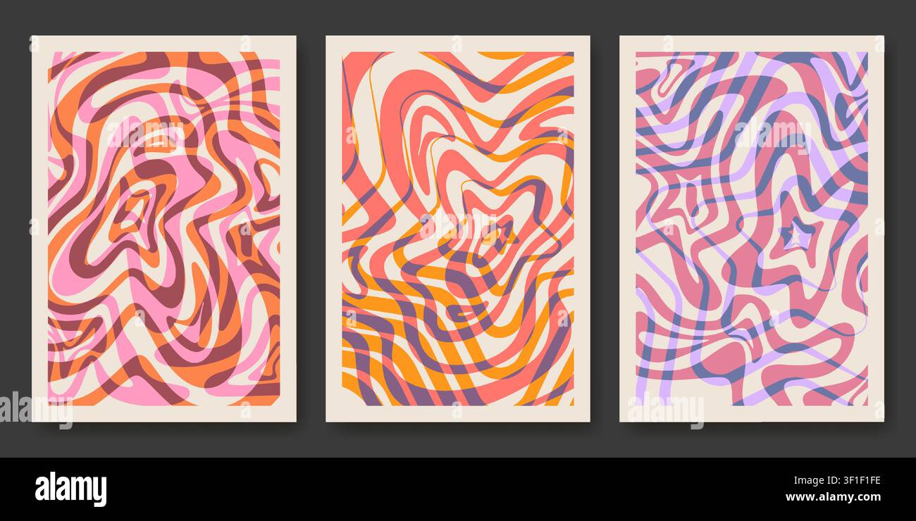Motifs de tourbillis psychédéliques avec des lignes ondulées vibrantes. Ensemble de posters vectoriels avec un fond abstrait coloré groovy, des formes géométriques funky et des cercles radiaux trippy pour une conception de bannière moderne et folle Illustration de Vecteur