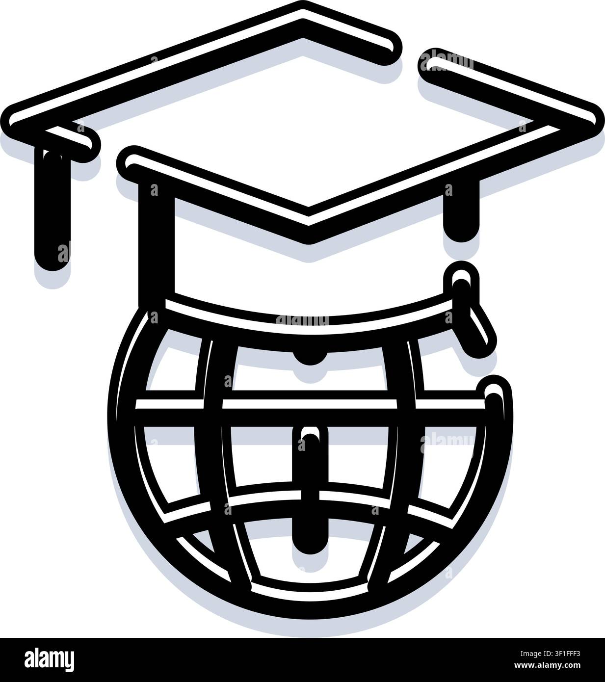 Coiffe de graduation posée sur un globe, symbolisant l'apprentissage mondial, les études internationales, la connaissance mondiale et la réussite académique acro Illustration de Vecteur