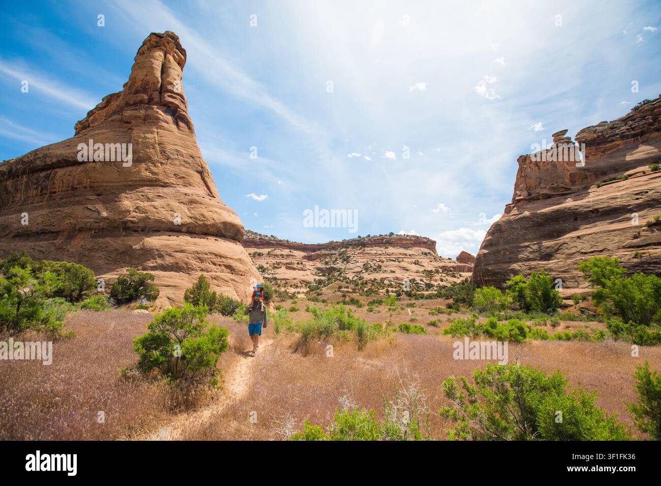 Homme randonnant avec un enfant sur les épaules dans un canyon Banque D'Images
