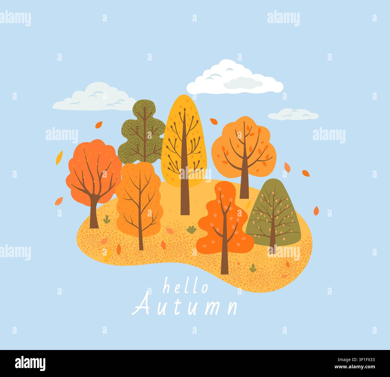 Paysage d'automne avec des arbres d'automne et des feuilles tombantes aux couleurs vives. Belle vue panoramique d'automne avec des nuages, des bois, la chute des feuilles. Bois dessiné à la main avec différentes formes et couleurs. Forêt d'automne.Vecteur Illustration de Vecteur