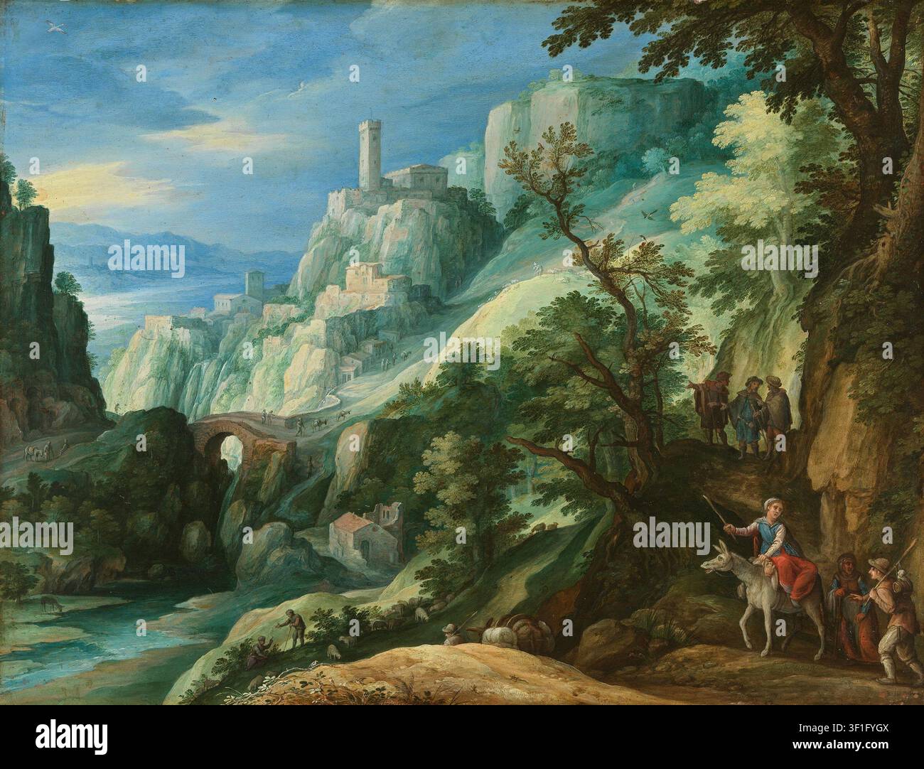 «Paysage montagneux italien avec le chemin d’Emmaus par Paul Bril, peintre flamand actif en Italie, fin du XVIe au début du XVIIe siècle. Peinture à l’huile représentant un paysage montagneux italien avec la scène biblique du chemin d’Emmaus, caractéristique de la peinture de paysage de Bril. Collection des Collections d’État de peinture bavaroises, Allemagne.» Banque D'Images