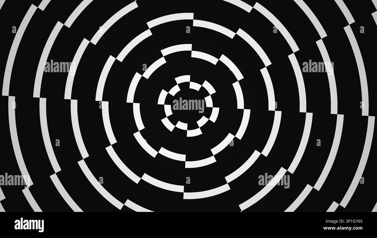 Le design présente une série de cercles concentriques composés de segments noirs et blancs alternés. Il crée un effet visuel frappant avec un contraste élevé Banque D'Images