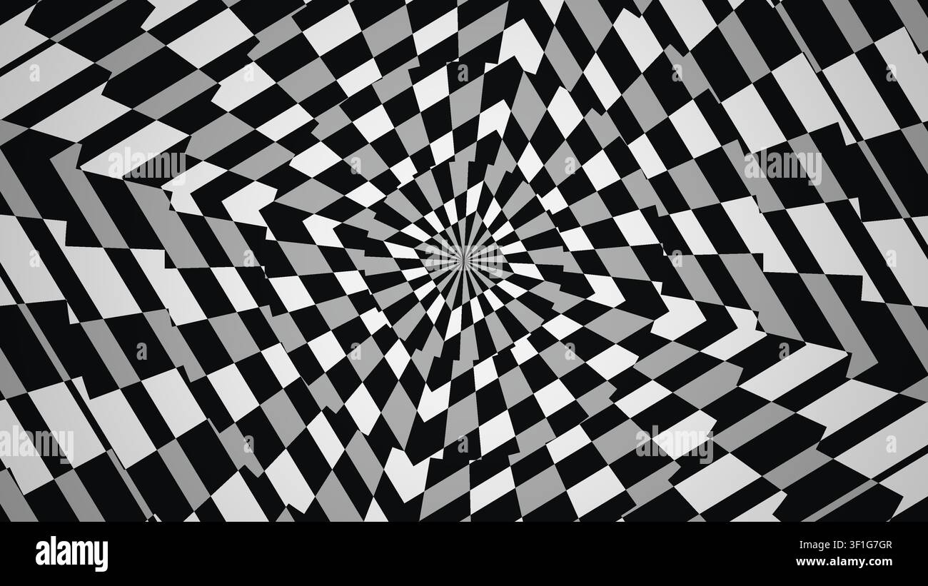 Un motif spiralé géométrique noir et blanc crée un effet visuellement frappant. Le design présente des carrés alternés disposés en spirale wit Banque D'Images