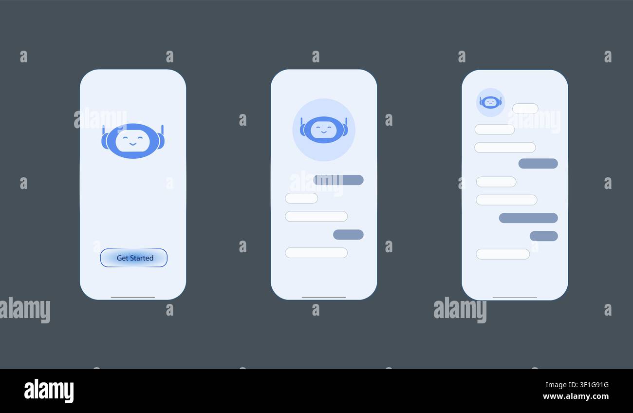 Interface moderne d'application mobile de chatbot IA avec écrans d'introduction, de conversation et de messagerie sur fond clair. Concept d'interface utilisateur propre pour smartphone. Illustration de Vecteur