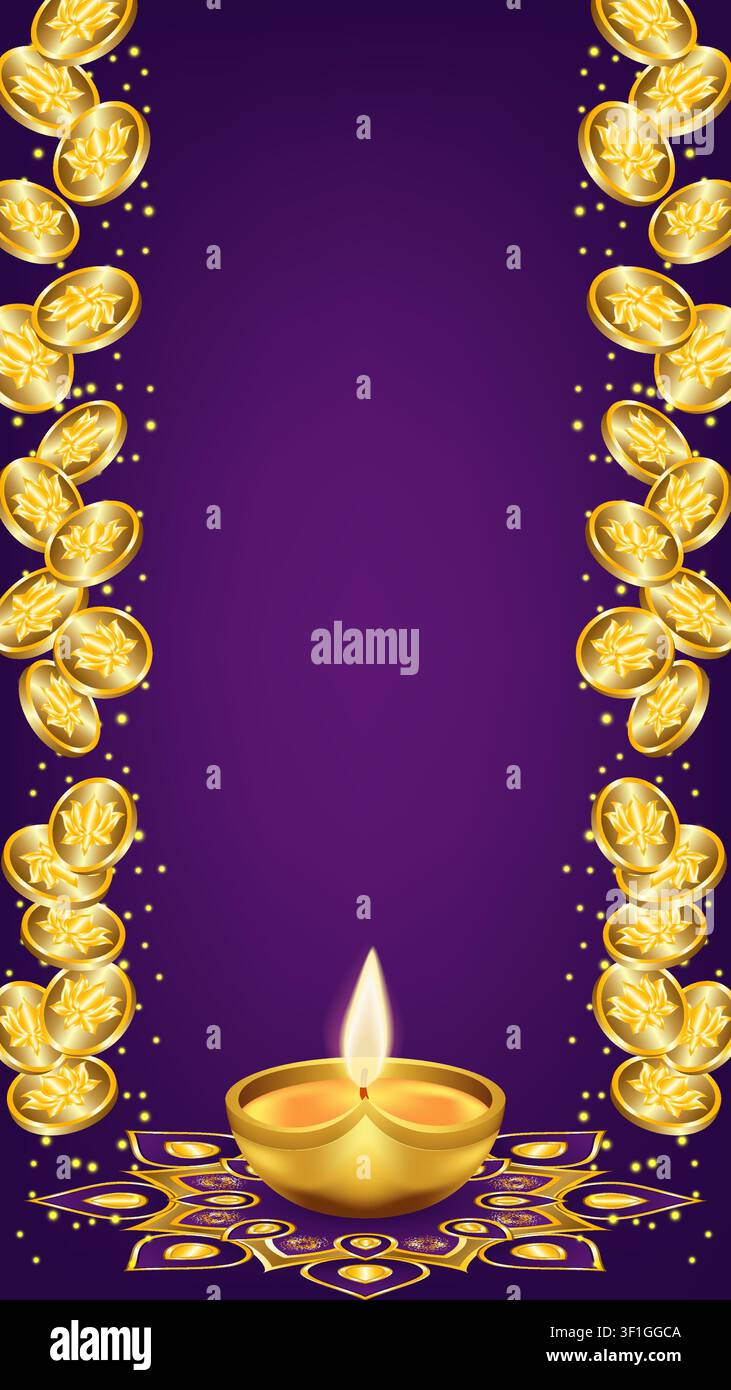Bannière verticale festive de Diwali mettant en vedette un diya lumineux avec une bordure décorative en pièces d'or sur un fond violet profond et un grand espace de texte. Illustration de Vecteur