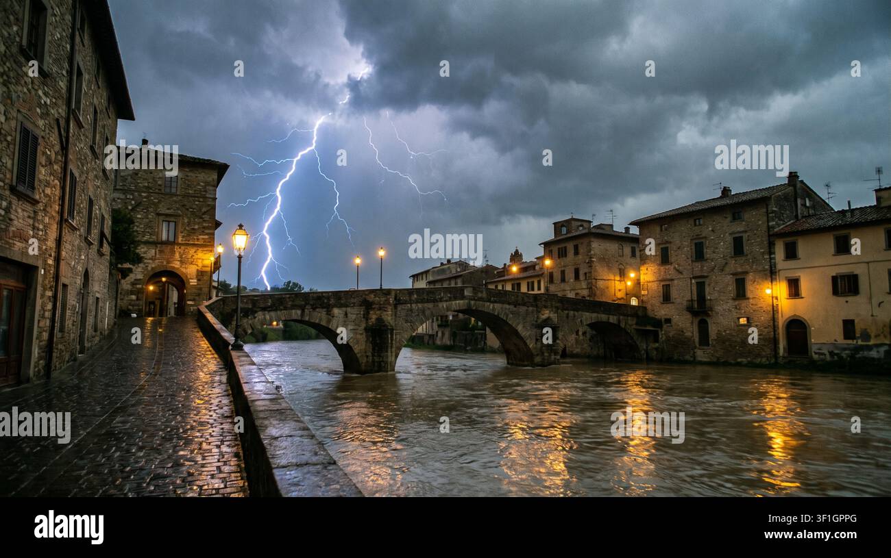 Éclairs dramatiques au-dessus d'un ancien pont en arche de pierre et de maisons en pierre au bord de la rivière, lampadaires lumineux se reflétant sur la rivière inondée pendant une tempête dans une ville italienne médiévale Banque D'Images