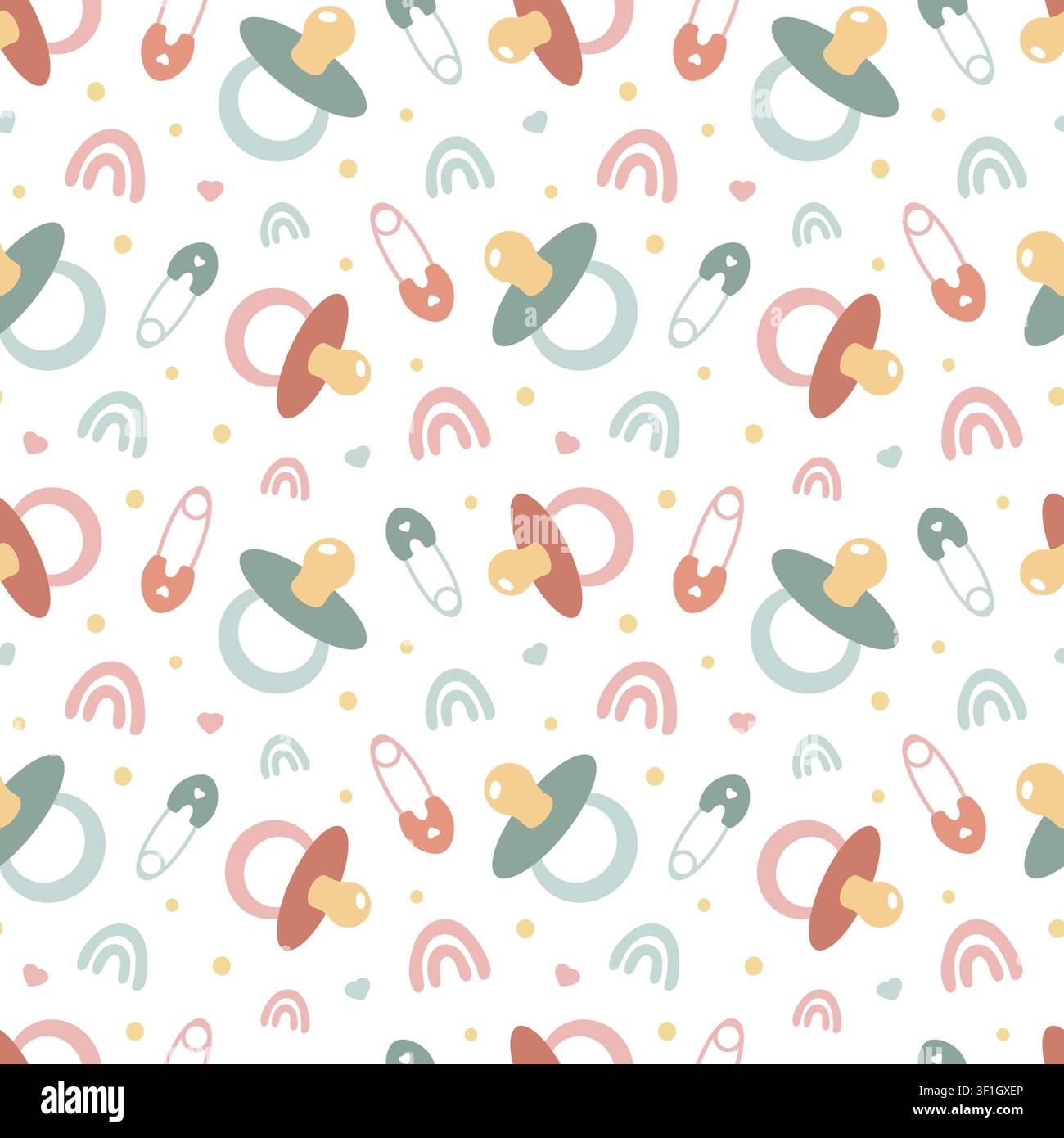 Motif sans couture avec tétine, épingle de sûreté et arc-en-ciel. Arrière-plan mignon pour nouveau-né, textiles de chambre de bébé, papier cadeau et décorations de fête de bébé. Design décoratif aux couleurs pastel douces. Illustration de Vecteur
